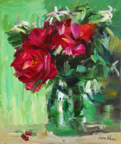Bouquet of Red English Roses on Bright Green