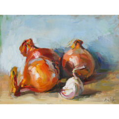 Still Life with Onions and Garlic on Blue 